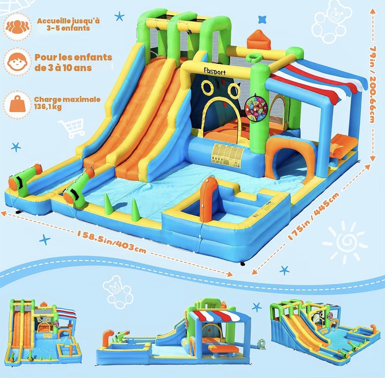 Parcours gonflable Fbsport avec toboggan et piscine